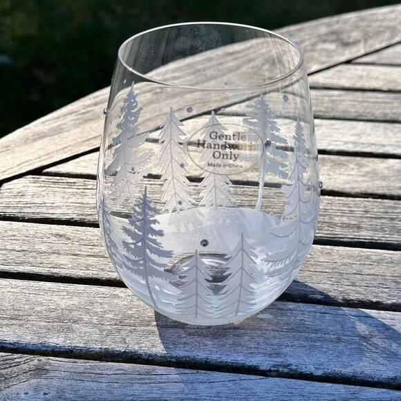 Christmas Tree & Reindeer Stemless Wine Glass 5” Frosted Winter Forest NEW - Picture 3 of 11